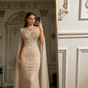 JC2615 Beige beaded evening gown long sleeve water sleeve prom dress ,Hand-sewn sequin bridesmaid gown elegant formal gown