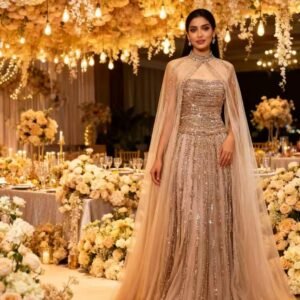 JC7748-1 Beige beaded evening gown long sleeve water sleeve prom dress ,sequin bridemaid gown ,elegant formal gown